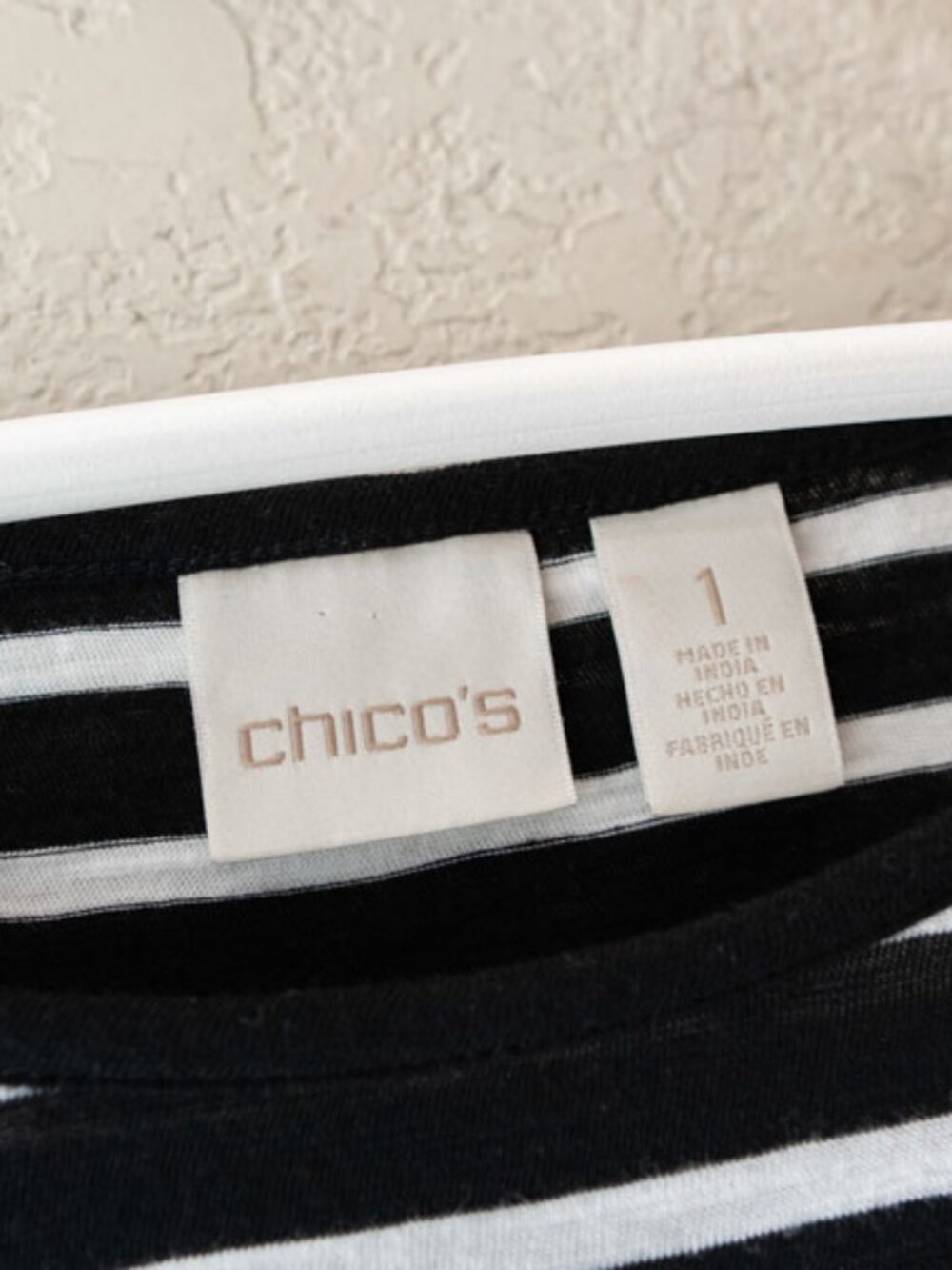 Chico’s Black White Stripe Lace Back Hi Lo Top Medium 100% Cotton Nautical - Picture 2 of 12